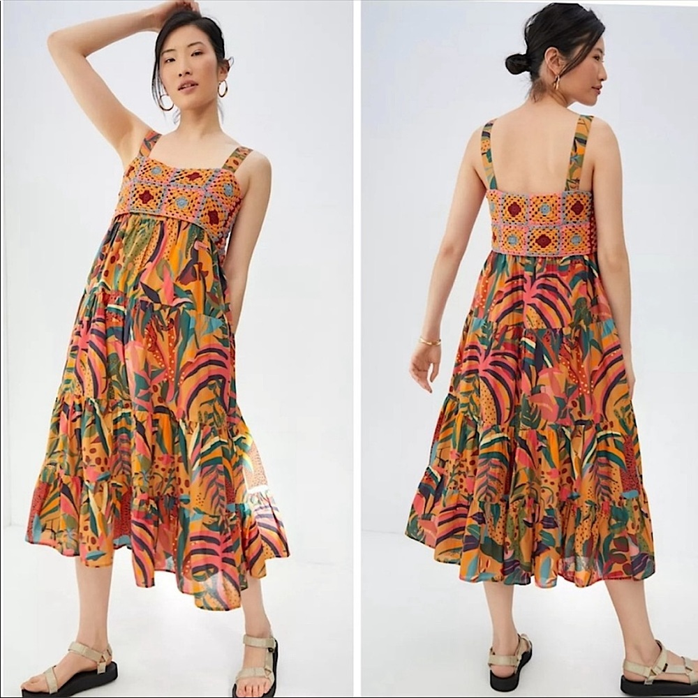 NEW Farm Rio Crochet Jungle Animal Print Sleeveless Tiered Midi Dress Orange L